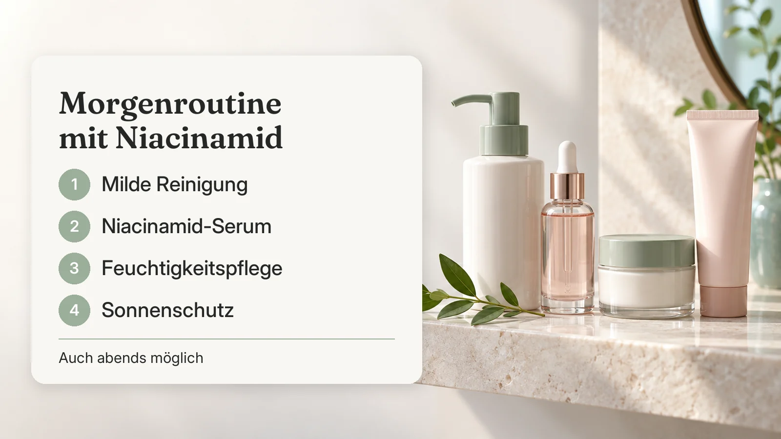 Morgenroutine mit Niacinamid: milde Reinigung, Niacinamid-Serum, Feuchtigkeitspflege und Sonnenschutz