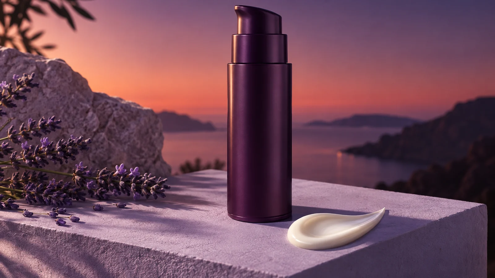 Dunkelviolette Pumpflasche auf einem Steinblock mit Blick aufs Meer in der Abenddämmerung, daneben ein Cremetupfer