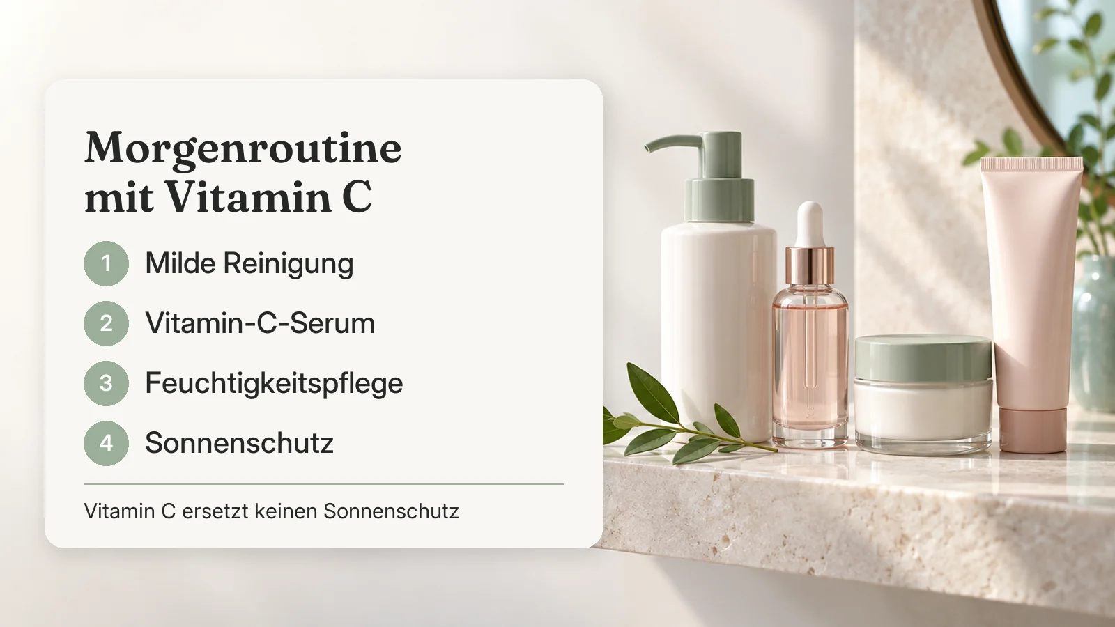 Morgenroutine mit Vitamin C: milde Reinigung, Vitamin-C-Serum, Feuchtigkeitspflege und Sonnenschutz