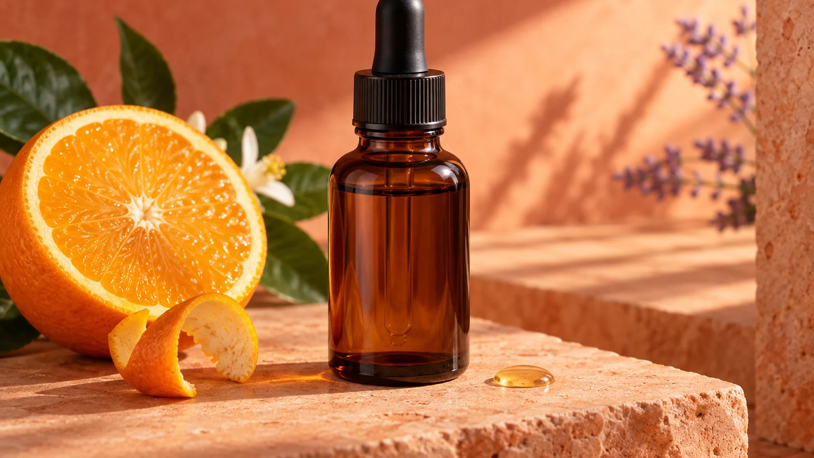 Bernsteinfarbene Pipettenflasche auf einer Travertinstufe im warmen Licht, links eine halbierte Orange mit Schale, rechts eine Terrakottawand