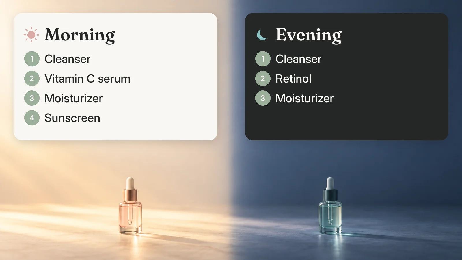 Morning: cleanser, vitamin C serum, moisturizer, sunscreen. Evening: cleanser, retinol, moisturizer