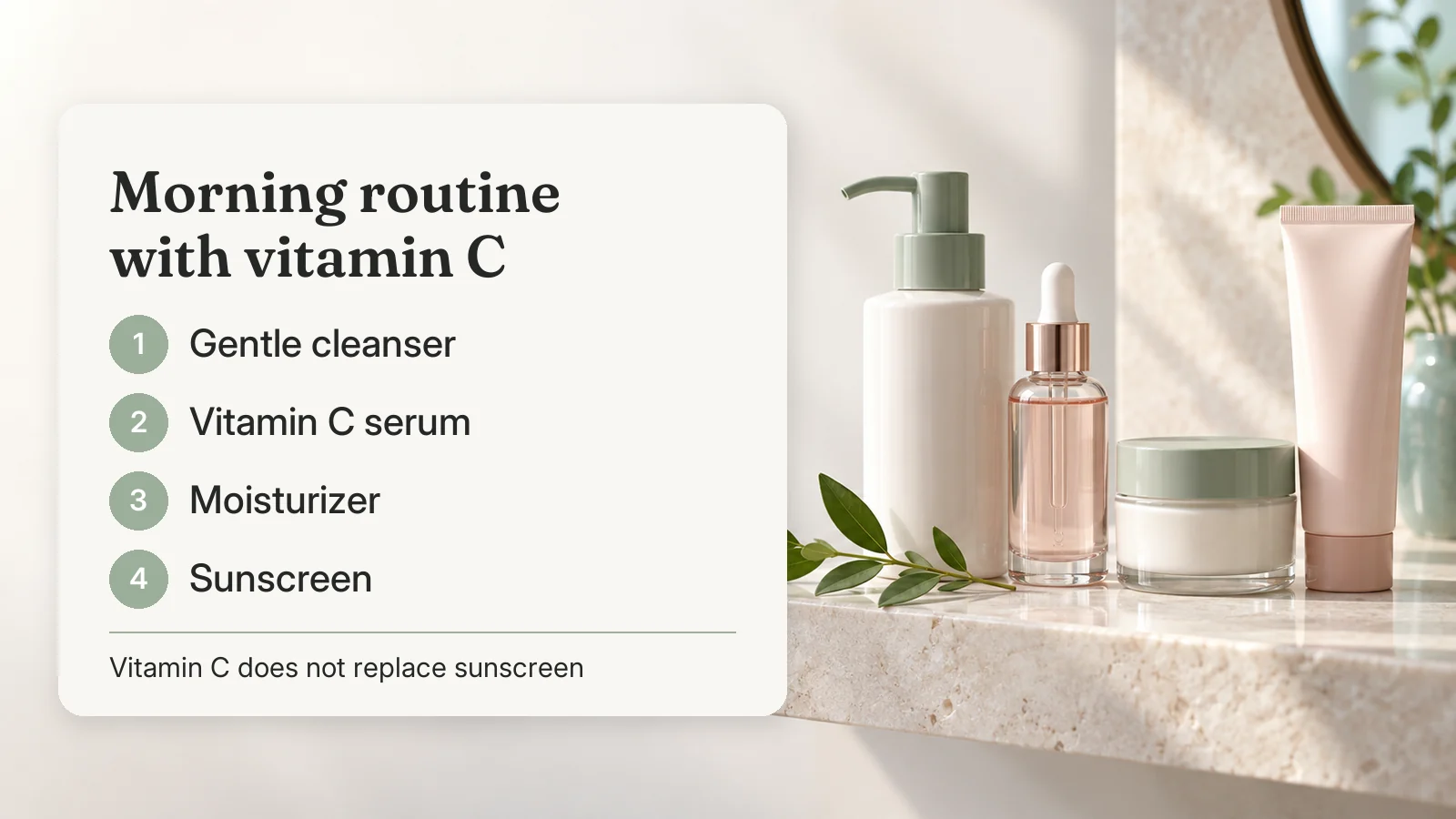 Morning routine with vitamin C: gentle cleanser, vitamin C serum, moisturizer and sunscreen