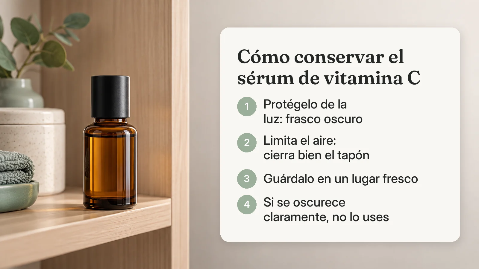 Consejos para conservar el sérum de vitamina C: protegerlo de la luz, cerrarlo bien, guardarlo en un lugar fresco y no usarlo si se oscurece