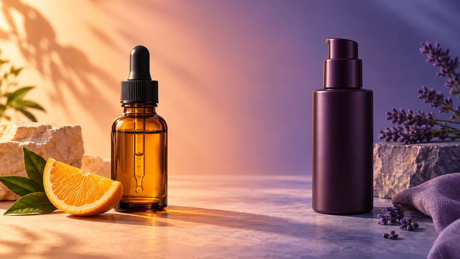 Una superficie de piedra dividida por la luz: a la izquierda, con luz cálida, un frasco ámbar con cuentagotas y una rodaja de naranja; a la derecha, con luz violeta fría, un frasco violeta oscuro con dosificador
