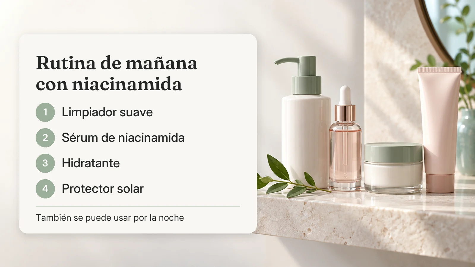 Rutina de mañana con niacinamida: limpiador suave, sérum de niacinamida, hidratante y protector solar