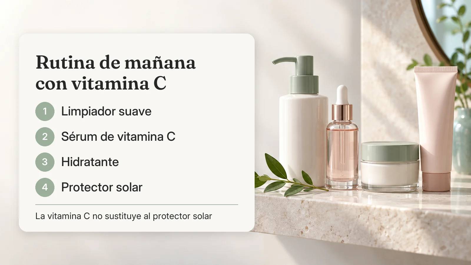 Rutina de mañana con vitamina C: limpiador suave, sérum de vitamina C, hidratante y protector solar