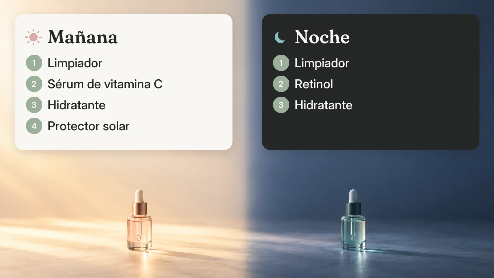 Mañana: limpiador, sérum de vitamina C, hidratante, protector solar. Noche: limpiador, retinol, hidratante