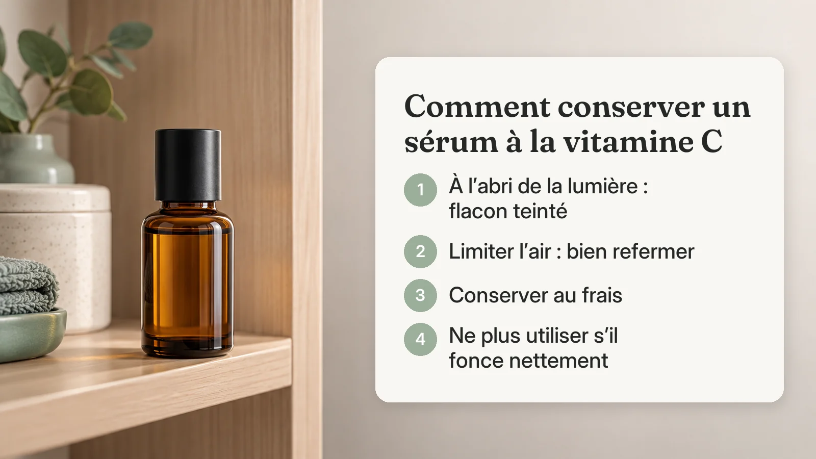 Conseils de conservation du sérum à la vitamine C : à l'abri de la lumière, bien refermé, au frais, ne plus l'utiliser s'il fonce nettement