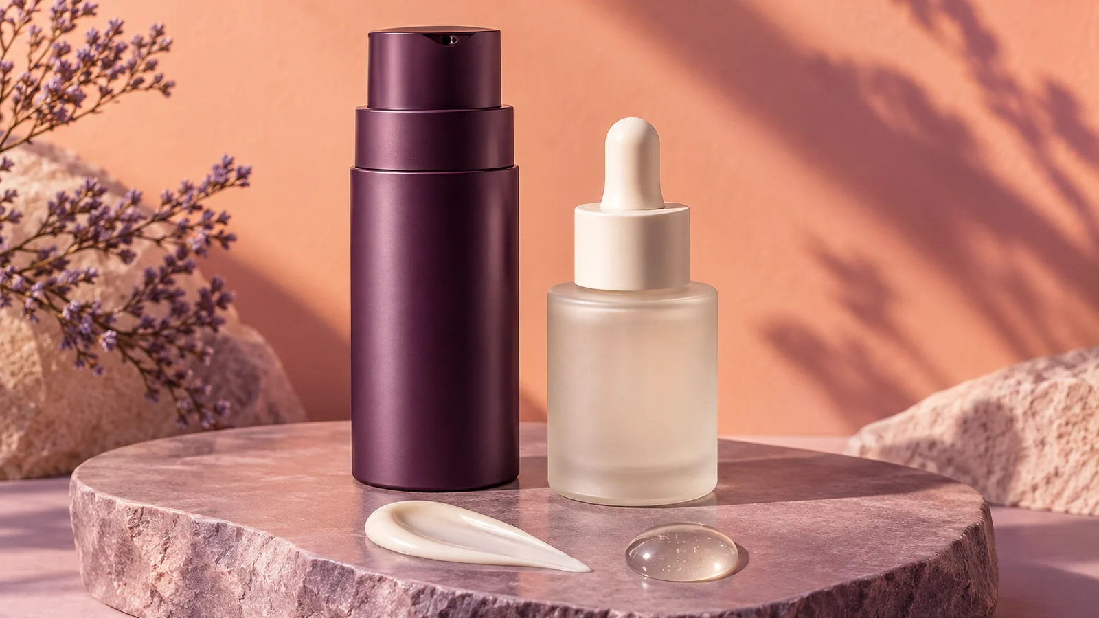Flacon pompe violet foncé et flacon en verre dépoli à pipette côte à côte sur une dalle de pierre ronde, une touche de crème et une goutte de gel devant