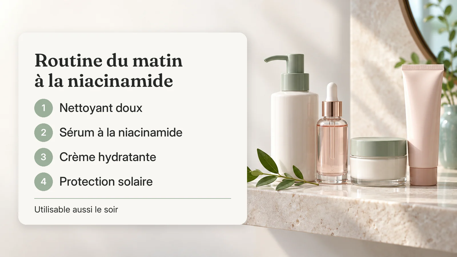 Routine du matin à la niacinamide : nettoyant doux, sérum à la niacinamide, crème hydratante et protection solaire
