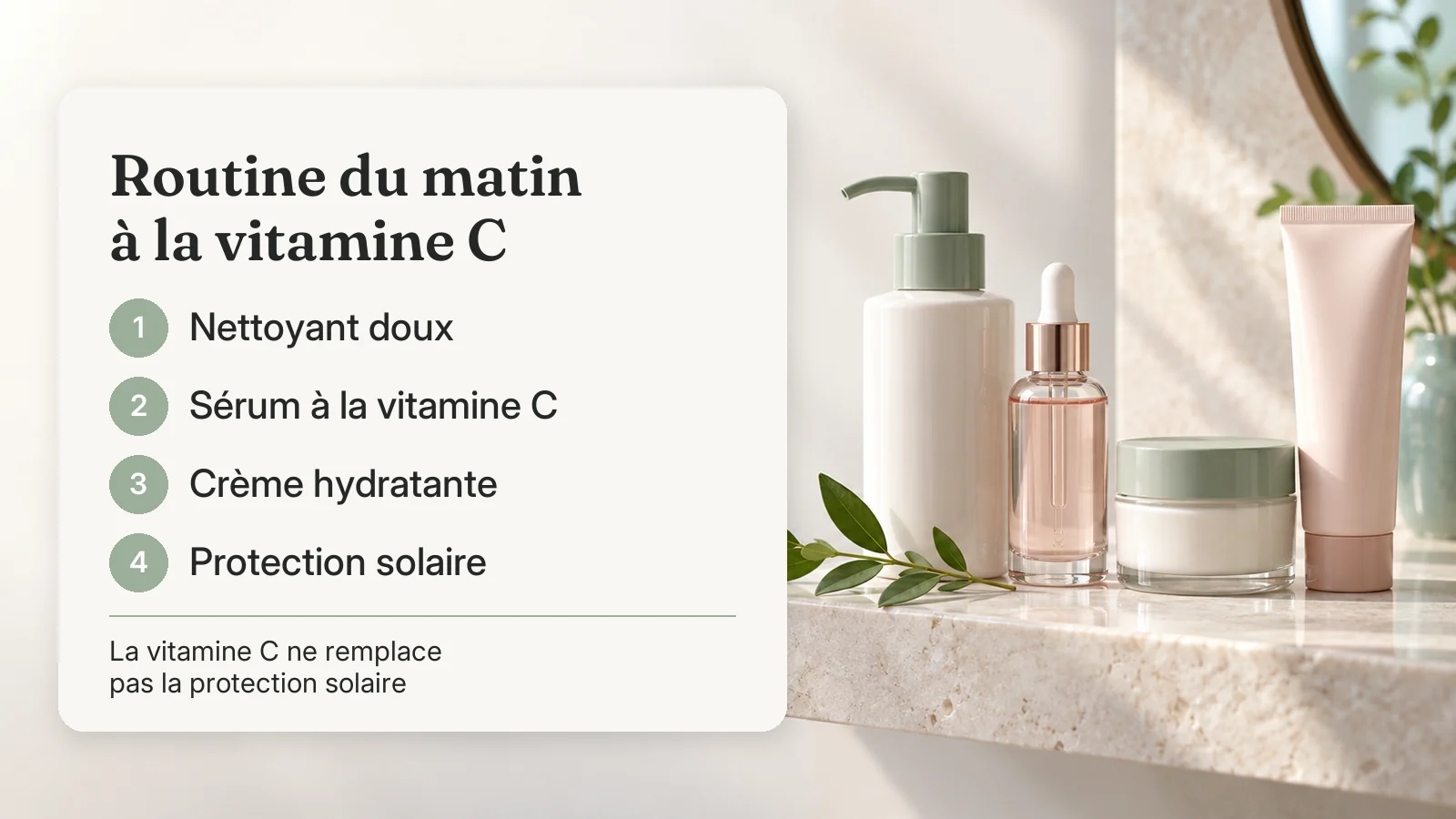 Routine du matin à la vitamine C : nettoyant doux, sérum à la vitamine C, crème hydratante et protection solaire