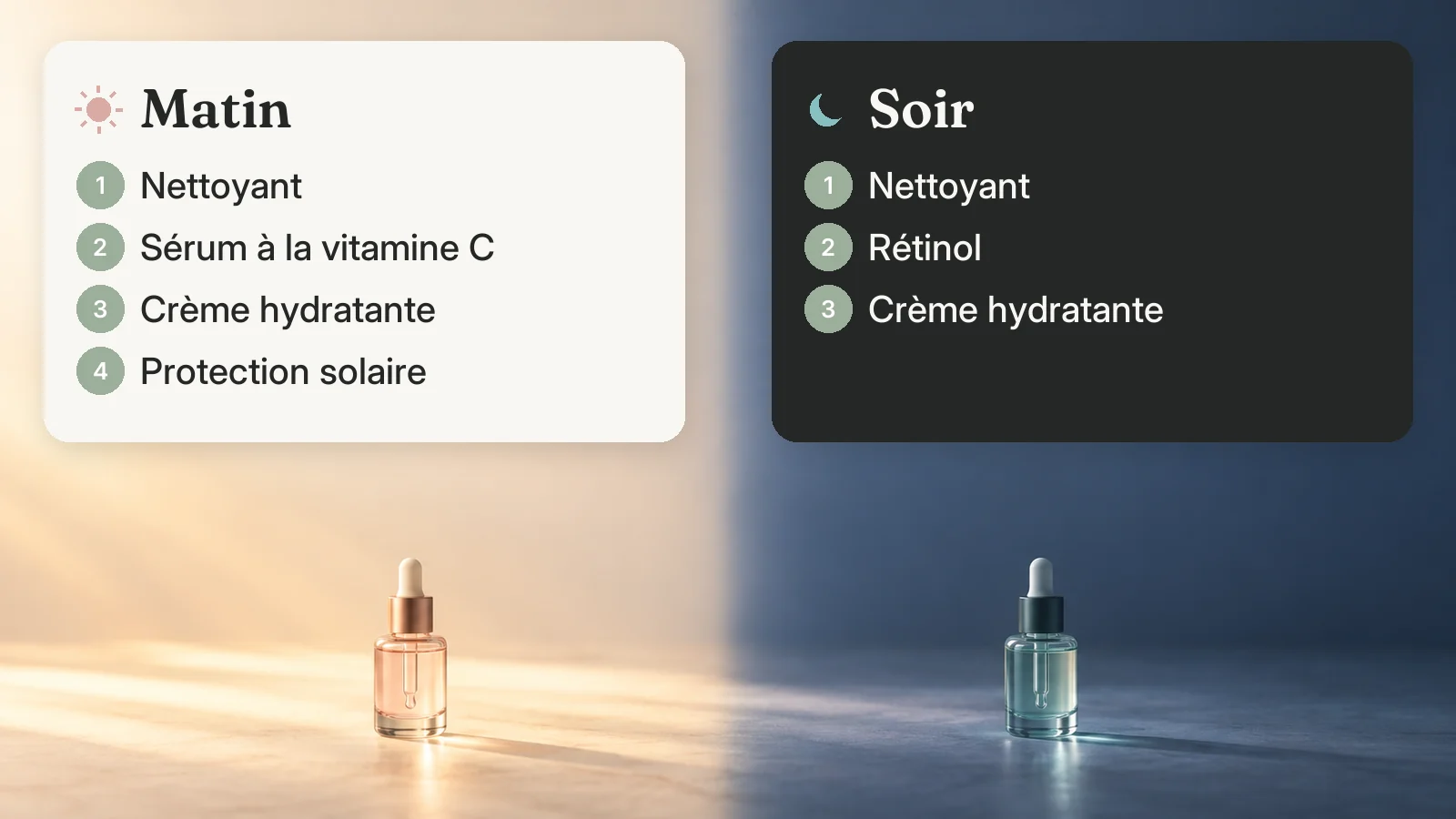 Matin : nettoyant, sérum à la vitamine C, crème hydratante, protection solaire. Soir : nettoyant, rétinol, crème hydratante