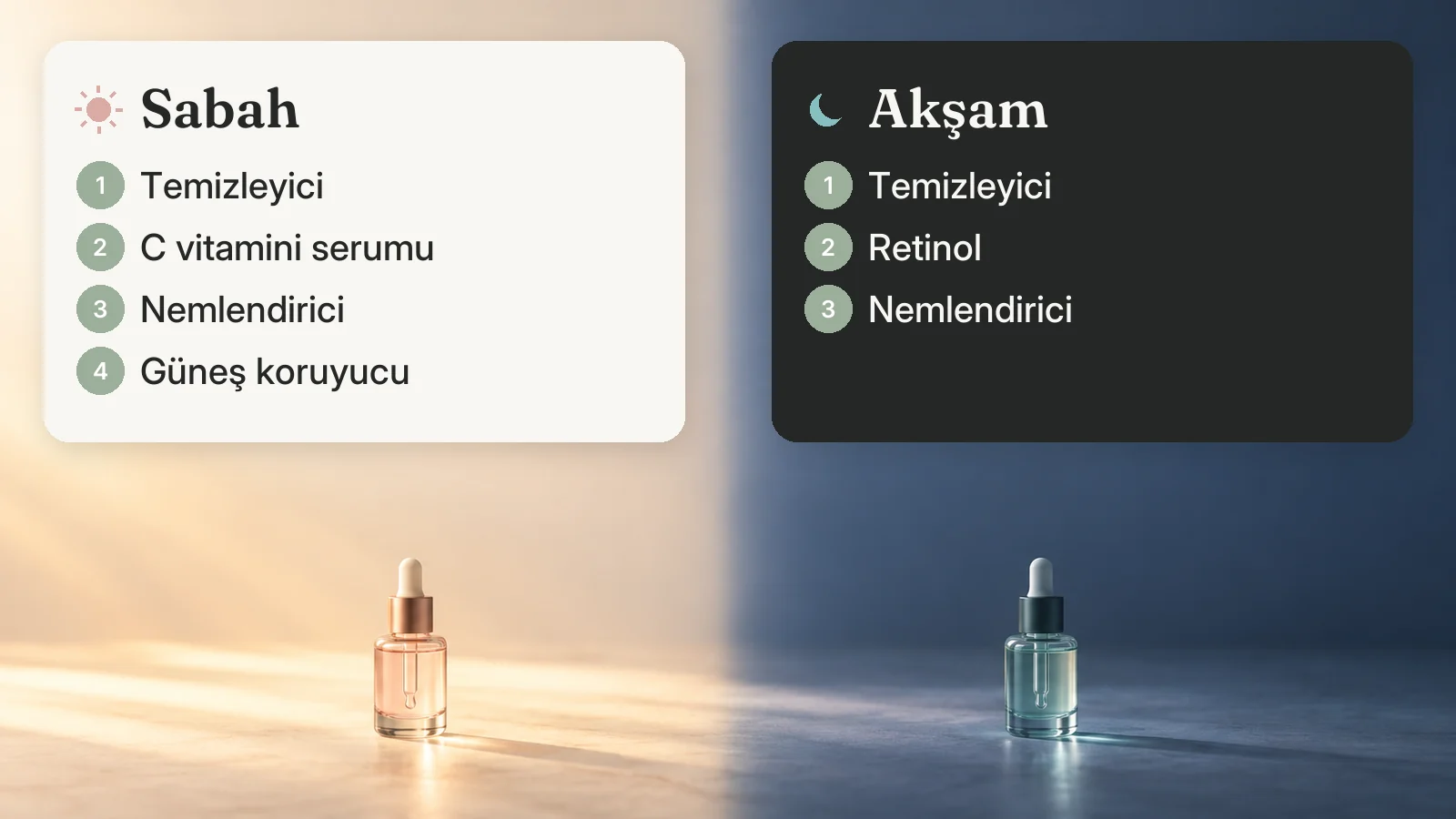 Sabah rutini: temizleyici, C vitamini serumu, nemlendirici, güneş koruyucu. Akşam rutini: temizleyici, retinol, nemlendirici