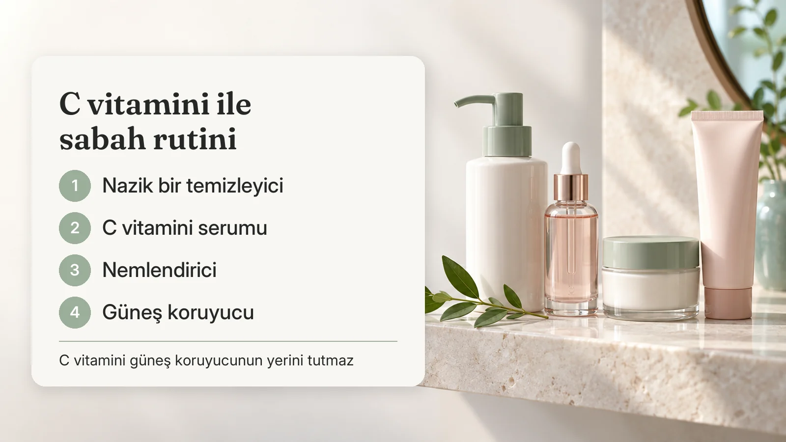 C vitamini ile sabah rutini: nazik temizleyici, C vitamini serumu, nemlendirici ve güneş koruyucu