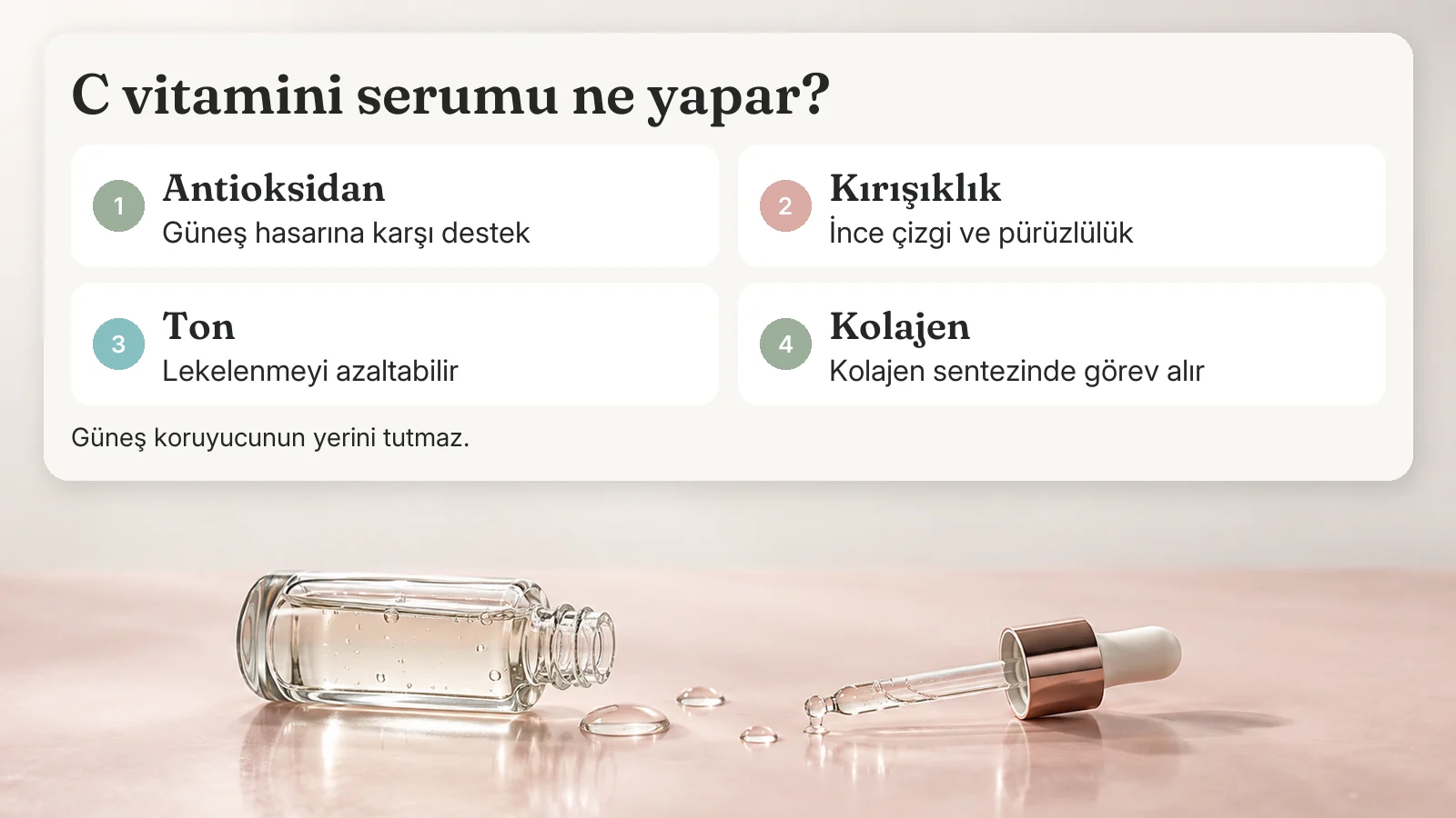 C vitamini serumunun dört faydası: antioksidan destek, ince çizgi ve pürüzlülük, ton eşitsizliği ve kolajen sentezi; güneş koruyucunun yerini tutmaz