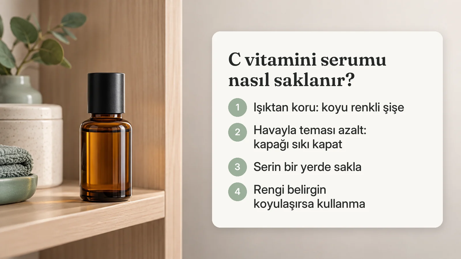 C vitamini serumu saklama ipuçları: ışıktan koru, kapağı sıkı kapat, serin yerde sakla, rengi belirgin koyulaşırsa kullanma