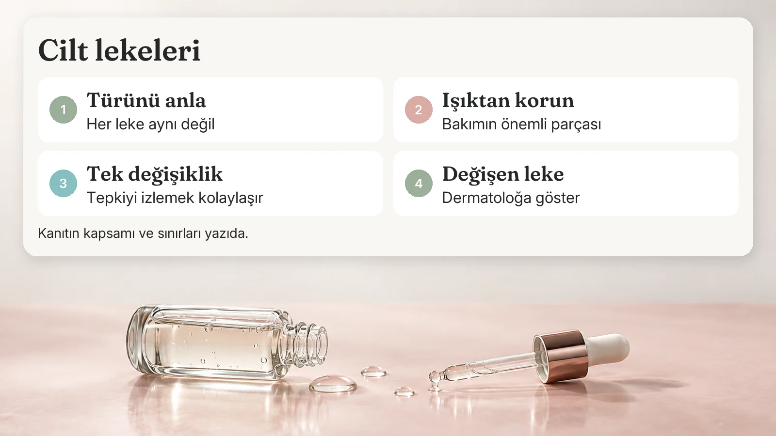 Cilt lekeleri: Türünü anla — Her leke aynı değil; Işıktan korun — Bakımın önemli parçası; Tek değişiklik — Tepkiyi izlemek kolaylaşır; Değişen leke — Dermatoloğa göster