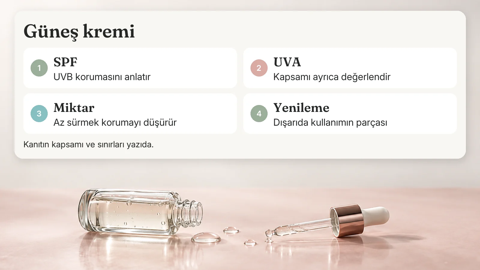 Güneş kremi: SPF — UVB korumasını anlatır; UVA — Kapsamı ayrıca değerlendir; Miktar — Az sürmek korumayı düşürür; Yenileme — Dışarıda kullanımın parçası