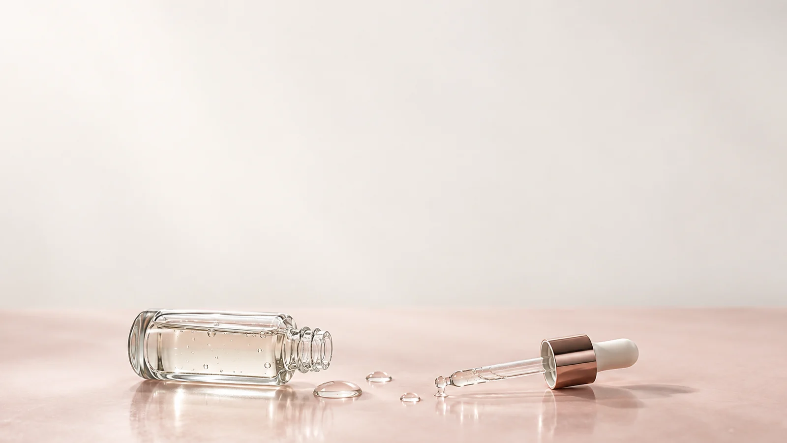 Pembe yüzeyin alt kısmında yatık şeffaf serum şişesi, pipet ve berrak damlalar