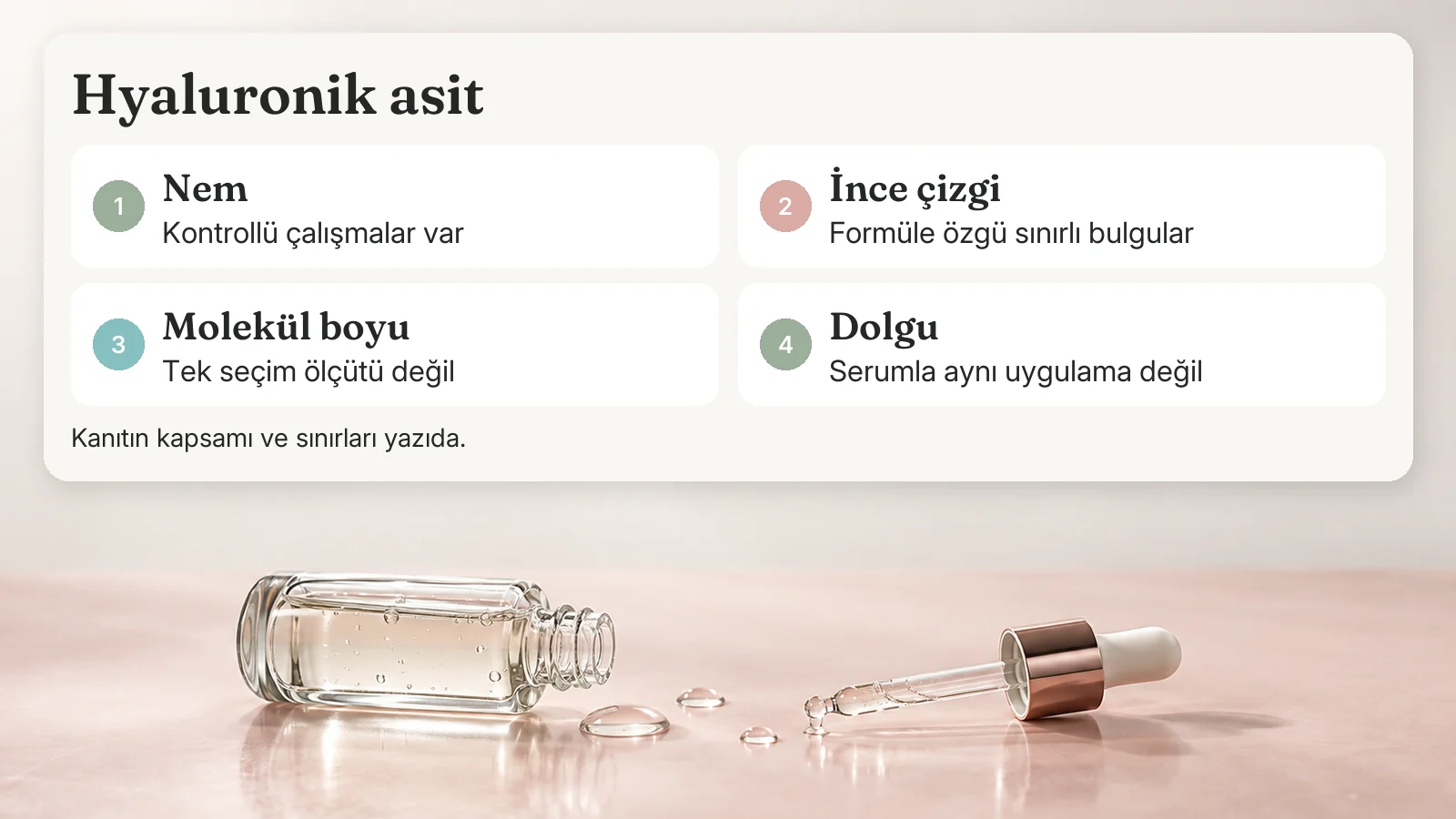 Hyaluronik asit: Nem — Kontrollü çalışmalar var; İnce çizgi — Formüle özgü sınırlı bulgular; Molekül boyu — Tek seçim ölçütü değil; Dolgu — Serumla aynı uygulama değil