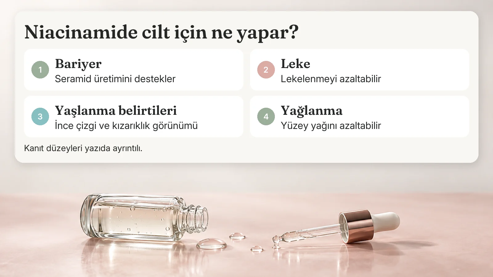 Niacinamide'in dört faydası: bariyeri destekler, lekelenmeyi azaltabilir, ince çizgi ve kızarıklık görünümünü iyileştirebilir, yüzey yağını azaltabilir