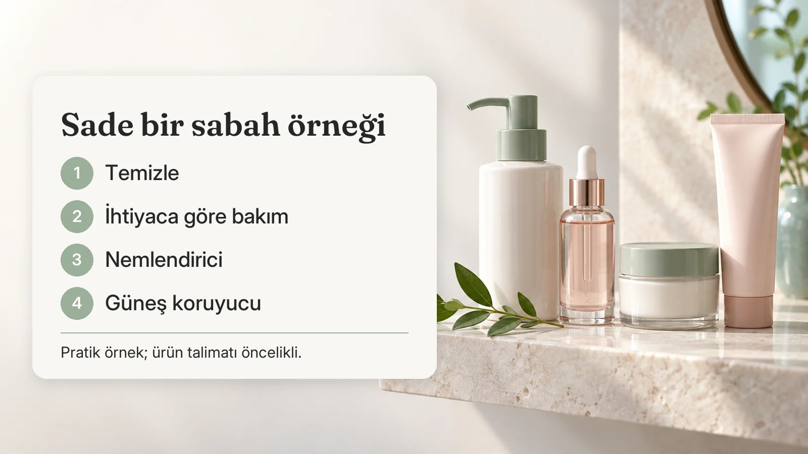 Sade bir sabah örneği: Temizle → İhtiyaca göre bakım → Nemlendirici → Güneş koruyucu. Pratik örnek; ürün talimatı öncelikli.
