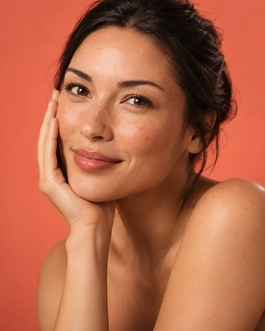 Una mujer sonriente con la textura natural de su piel