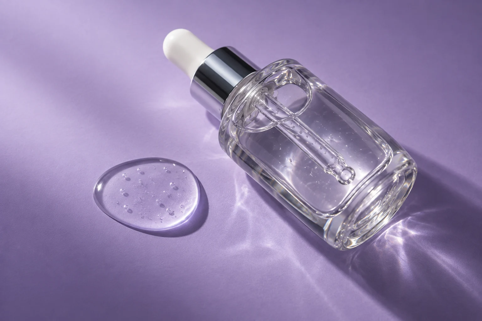 Lavanta fon üzerinde etiketsiz serum şişesi ve şeffaf jel